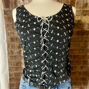 Vintage Black Floral Lace-Up Top/Tank -Size L -TP22
